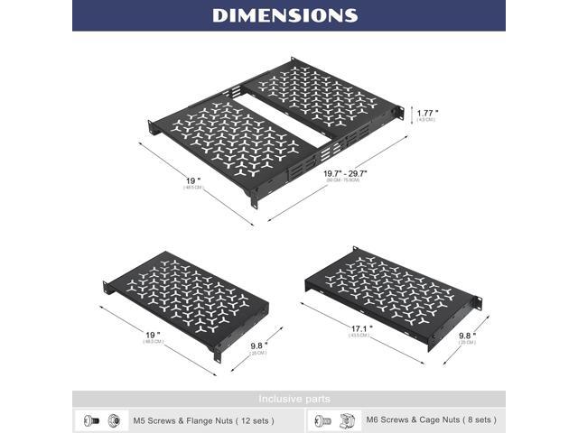 1U Rack Shelves (2-Pack), 2 PCS 10' Deep Cantilever, with Optional Joints to Combine as One Full Size Server Rack Shelf