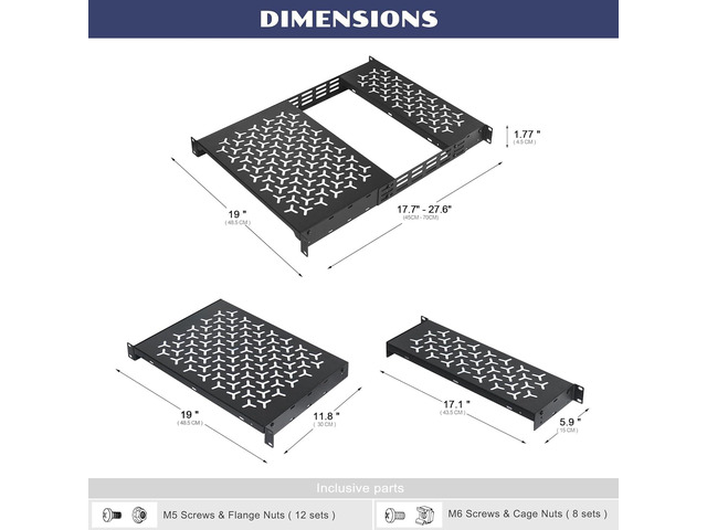 1U Rack Shelves (2-Pack), 1 PCS 6' Deep Cantilever & 1 PCS 12' Deep Cantilever, with Optional Joints to Combine as One Full Size Server Rack Shelf