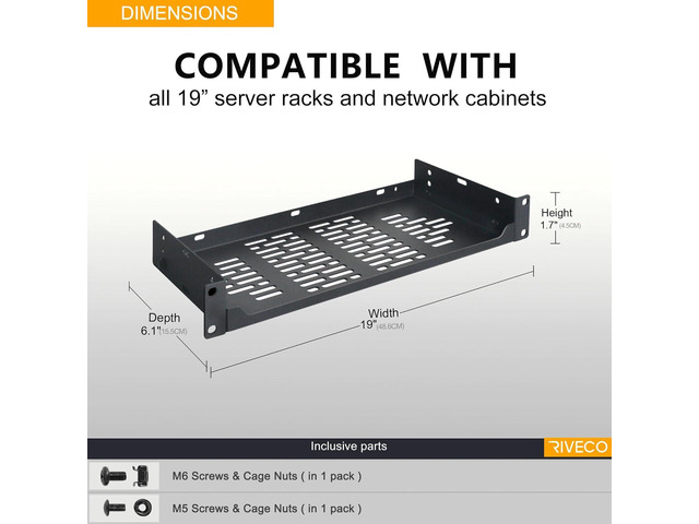 RIVECO 2 PCS 6 Rack Shelves for 19 inches Network Rack & Cabinets, 1U Rack Mount Shelf Vented Cantilever Tray, for Server, IT & Sound Equipment