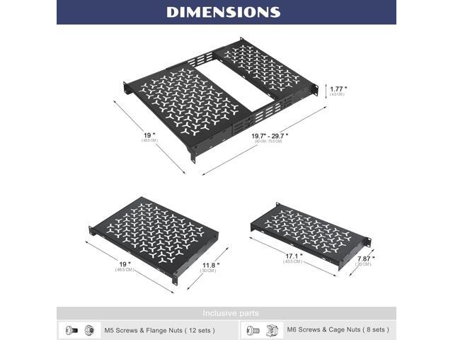 1U Rack Shelves (2-Pack), 1 PCS 8' Deep Cantilever & 1 PCS 12' Deep Cantilever, with Optional Joints to Combine as One Full Size Server Rack Shelf