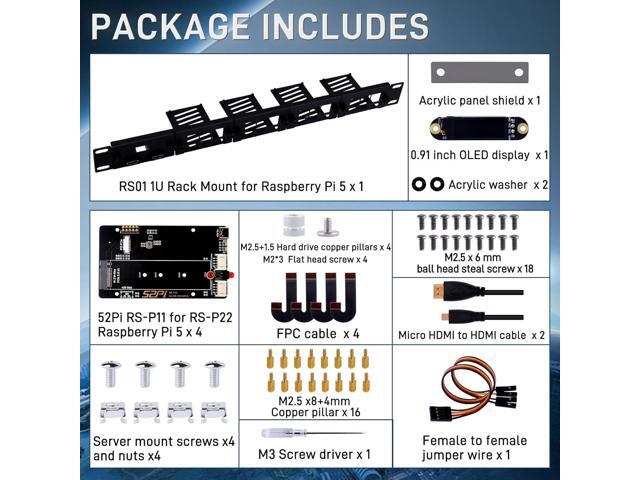 GeeekPi 19 inch 1U Rack Mount for Raspberry Pi 5, with 4PCS PCIe to M.2 NVMe SSD Adapters and OLED Display, Compatible with 19 Inch Server Rack