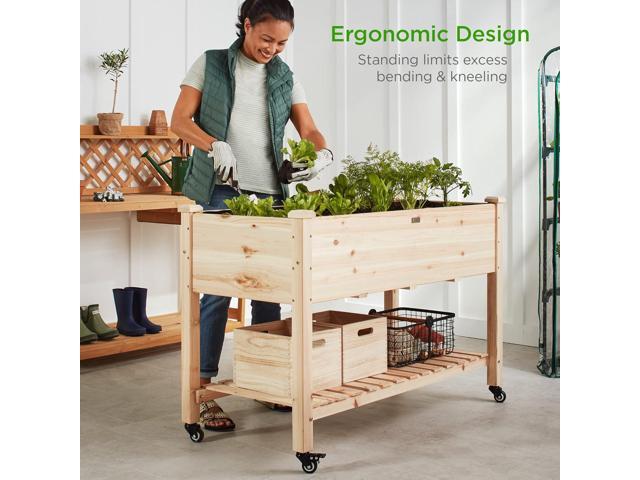 Best Choice Products Raised Garden Bed 48x24x32-inch Mobile Elevated Wood Planter w/Lockable Wheels, Storage Shelf, Protective Liner - Natural