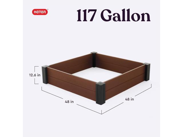 Keter 48' X 48' inches Wood Look Raised Garden Bed, Durable Outdoor Herb Garden Planter for Vegetables, Flowers, and Succulents, Brown