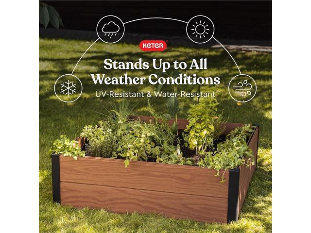 Keter 48' X 48' inches Wood Look Raised Garden Bed, Durable Outdoor Herb Garden Planter for Vegetables, Flowers, and Succulents, Brown