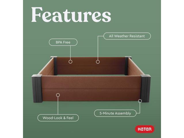 Keter 48' X 48' inches Wood Look Raised Garden Bed, Durable Outdoor Herb Garden Planter for Vegetables, Flowers, and Succulents, Brown