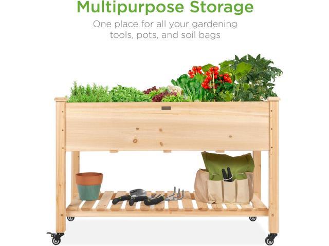 Best Choice Products Raised Garden Bed 48x24x32-inch Mobile Elevated Wood Planter w/Lockable Wheels, Storage Shelf, Protective Liner - Natural