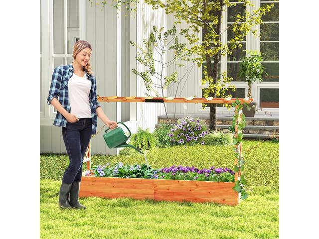 HAPPYGRILL Raised Garden Bed with Trellis, Freestanding Wood Planter Box w/Hanging Roof & 8 Drainage Holes for Vine, Climbing Plants, Flowers,...