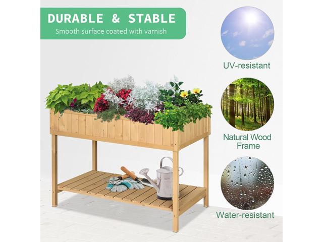 Outsunny 43x18x30in Raised Garden Bed with 8 Pockets and Shelf, Wooden Elevated Planter Box with Legs to Grow Herbs, Vegetables, and Flowers, Natural