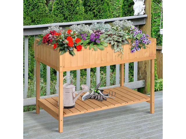 Outsunny 43x18x30in Raised Garden Bed with 8 Pockets and Shelf, Wooden Elevated Planter Box with Legs to Grow Herbs, Vegetables, and Flowers, Natural