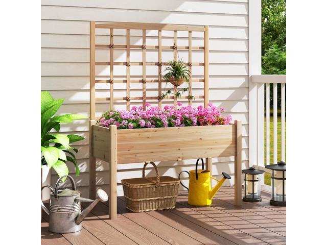 HAPPYGRILL Raised Garden Bed with Lattice Trellis, 4 Drainage Holes, Wooden Elevated Planter Box with Legs for Climbing Vine, Hanging Small Flower...