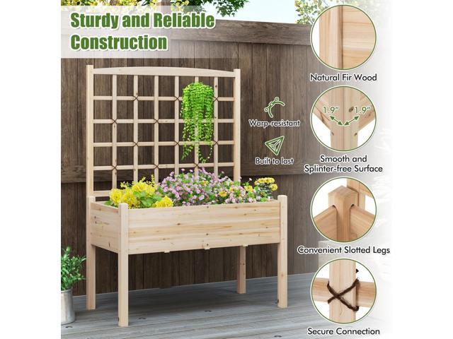 HAPPYGRILL Raised Garden Bed with Lattice Trellis, 4 Drainage Holes, Wooden Elevated Planter Box with Legs for Climbing Vine, Hanging Small Flower...