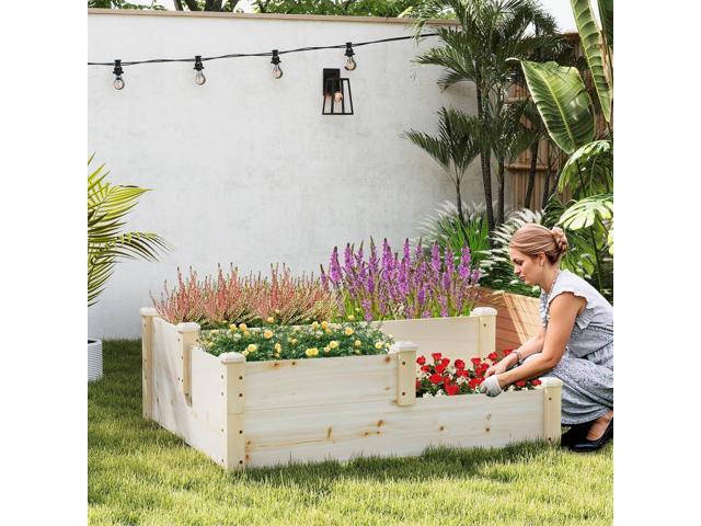 HAPPYGRILL 3-Tier Raised Garden Bed, Wood Elevated Planter Box w/Open-Ended Base, 3 Planting Depths& 2 Arrangement Options for Yard Lawn, Outdoor...