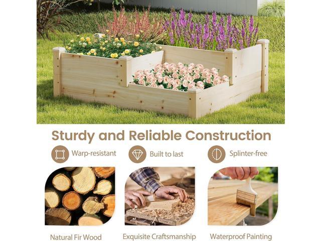 HAPPYGRILL 3-Tier Raised Garden Bed, Wood Elevated Planter Box w/Open-Ended Base, 3 Planting Depths& 2 Arrangement Options for Yard Lawn, Outdoor...