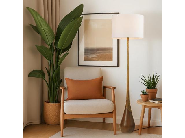 Globe Electric Novogratz x Globe Harrington 65' Floor Lamp, 2-Tone Faux Wood Base, White Fabric Shade, Socket Rotary Switch 67225