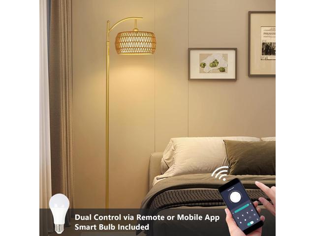 Arc Floor Lamp with 3 Color Temperatures, LED Gold Floor Lamp with Remote & Stepless Dimmable Bulb, Boho Standing Lamp with Rattan & Fabric Shades,...