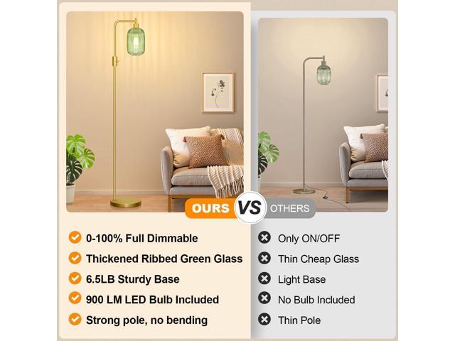 Upgraded Dimmable Glass Floor Lamp for Living Room, Modern Gold Standing Lamp with Green Ribbed Glass Lampshade & Knob Dimmer, Arc Tall Lamp for...