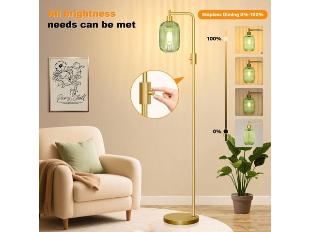 Upgraded Dimmable Glass Floor Lamp for Living Room, Modern Gold Standing Lamp with Green Ribbed Glass Lampshade & Knob Dimmer, Arc Tall Lamp for...