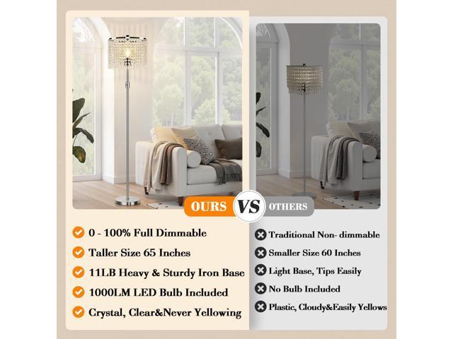 Upgraded Dimmable Crystal Floor Lamps for Living Room, 1000LM LED Bulb Included, Standing Lamp with Knob Switch, Tall Silver Pole Light for Bedroom...