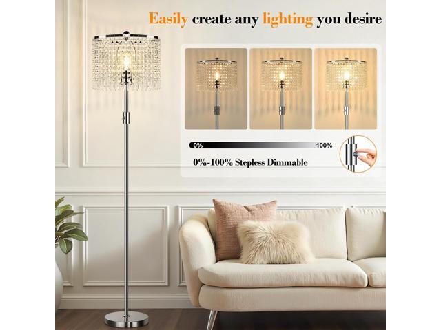 Upgraded Dimmable Crystal Floor Lamps for Living Room, 1000LM LED Bulb Included, Standing Lamp with Knob Switch, Tall Silver Pole Light for Bedroom...