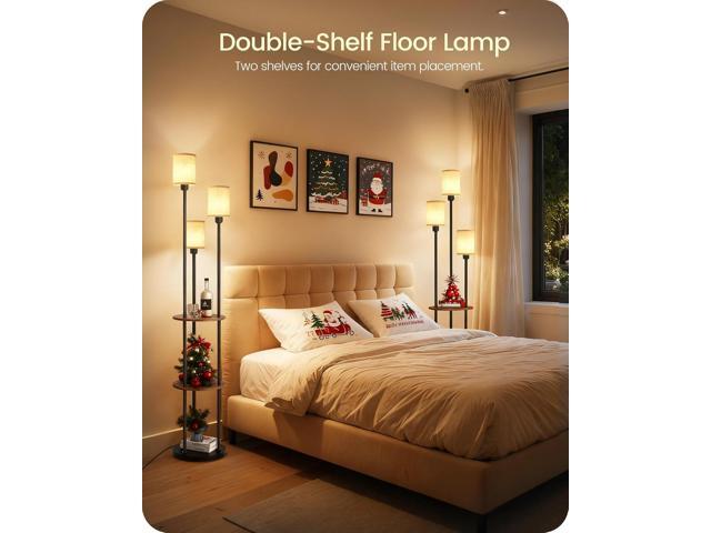 70.9' Floor Lamp with Shelves, Modern Floor Lamp with 3 Linen Shades and Foot Switch, 3-Light Standing Lamp, for Living Room, Bedroom, Study,...