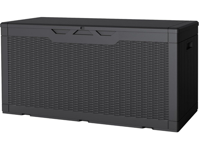 JUMMICO 100 Gallon Resin Deck Box, Waterproof Outdoor Storage Box with Lockable Lid for Garden Tools, Patio Cushions (Black)