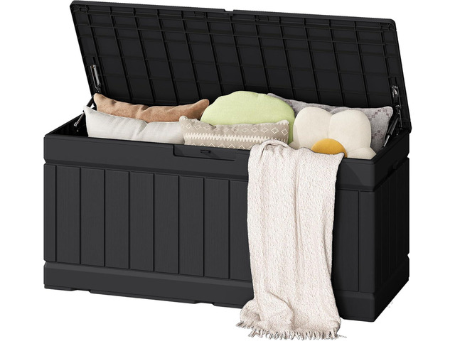 Flamaker Outdoor Storage Box 80 Gallon Resin Waterproof Deck Box Delivery Box with Wood Texture Large Storage Bin for Patio Cushions (Black)