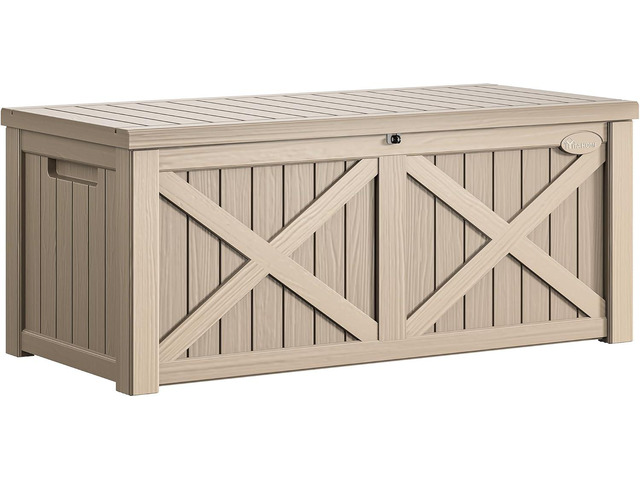 YITAHOME 150 Gallon Large Deck Box with X-Shaped Front, Resin Outdoor Storage Boxes, Waterproof Cushion Storage Bench for Patio, Pool Supplies,...