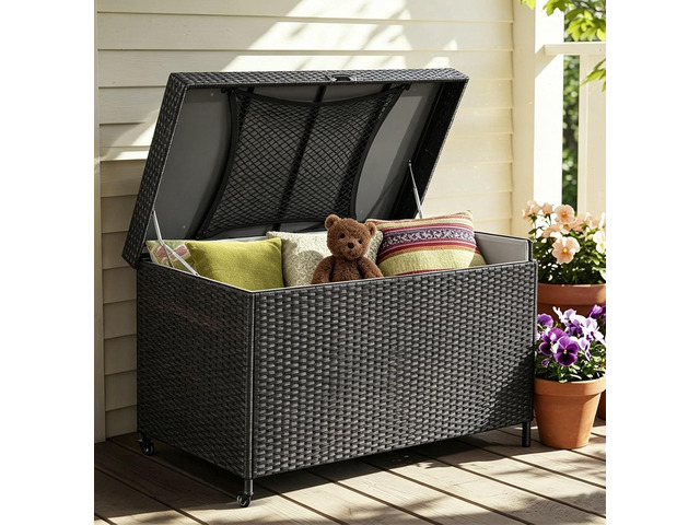 AVAWING Wicker Deck Box, Outdoor Storage Box with Portable Wheels and Handles, Patio Rattan Container for Garden, Balcony, Yard (Black, 240 Gallon)