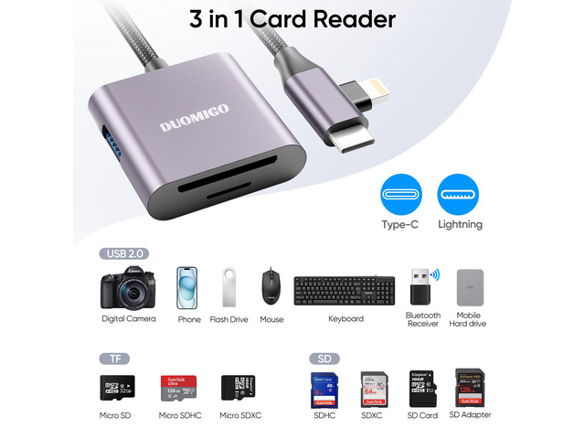 Duomigo 3-in-2 USB C SD TF Card Reader for iPhone/iPad/Mac/Laptop, Dual Connector Memory Card Adapter with USB OTG, Plug and Play