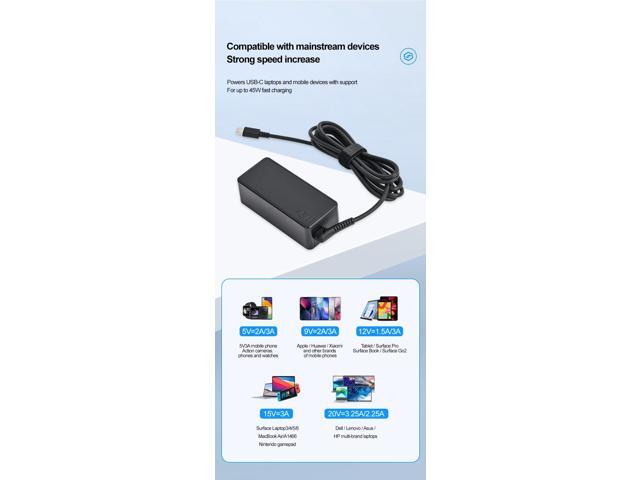 Dgkeyh Suitable for Lenovo HP Asus Acer Dell and other 45W Type-C laptop charger Adapter 5V3A 9V3A 12V3A 15V3A 20V2.25A Interface USB-C Type-C...