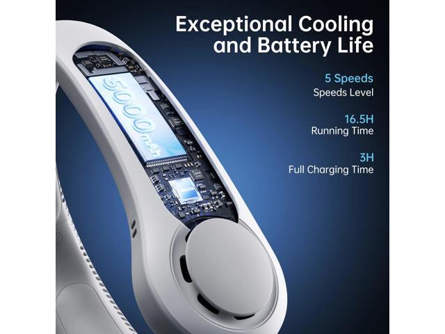 JISULIFE Portable Neck Fan 5000mAh Rechargeable with Necksupport, 5 Speeds Cooling Hands-Free Fan for Indoor Outdoor