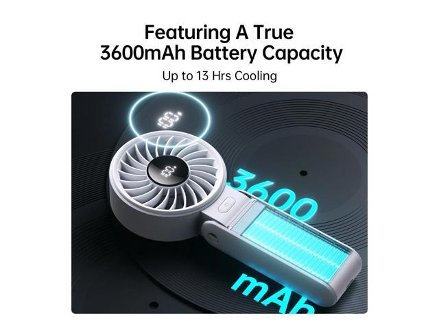 JISULIFE Versatile Portable Fan with LED Display, 3600mAh USB Rechargeable Battery, 5-Speed, Lanyard Included-Grey