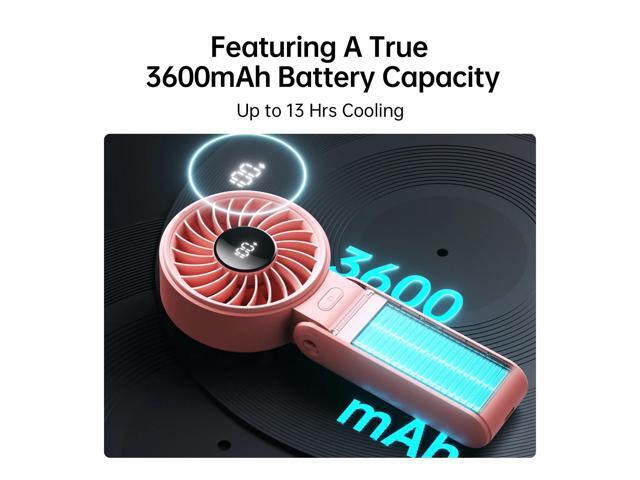 JISULIFE Versatile Portable Fan with LED Display, 3600mAh USB Rechargeable Battery, 5-Speed, Lanyard Included-Pink