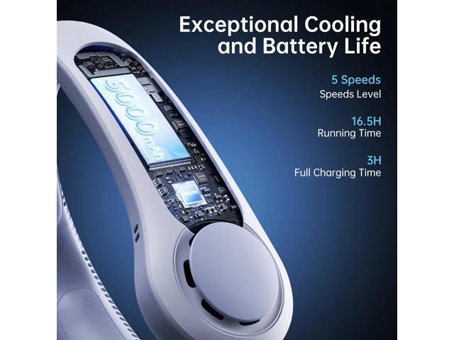 JISULIFE Portable Neck Fan 5000mAh Rechargeable with Necksupport, 5 Speeds Cooling Hands-Free Fan for Indoor Outdoor-black