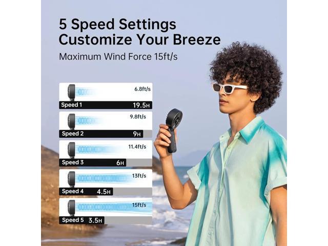 JISULIFE Versatile Portable Fan with LED Display, 5000mAh USB Rechargeable Battery, 5-Speed, Lanyard Included-Black