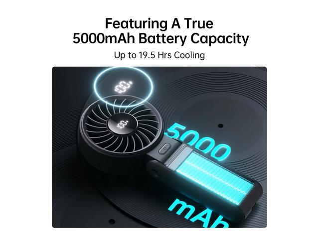 JISULIFE Versatile Portable Fan with LED Display, 5000mAh USB Rechargeable Battery, 5-Speed, Lanyard Included-Black