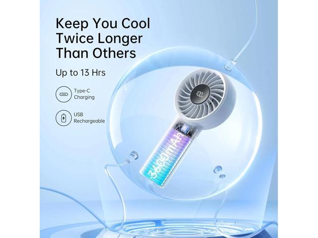 JISULIFE Handheld Fan - 5-Speed LED Display & 3600mAh Battery, USB-C Rechargeable with Lanyard, Compact Cooling for Travel/Beach/Makeup
