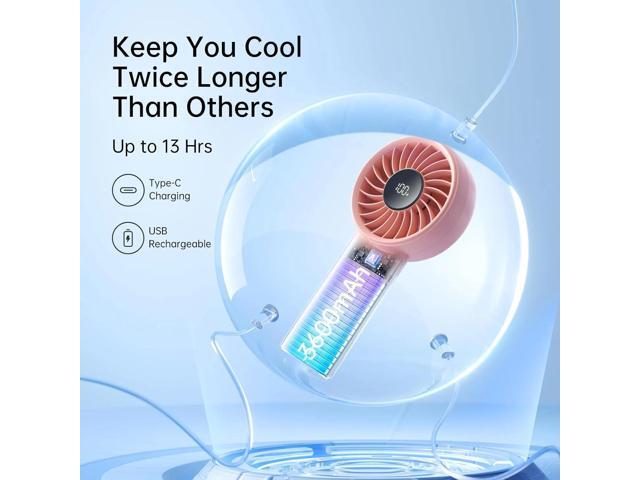 JISULIFE Handheld Fan - 5-Speed LED Display & 3600mAh Battery, USB-C Rechargeable with Lanyard, Compact Cooling for Travel/Beach/Makeup