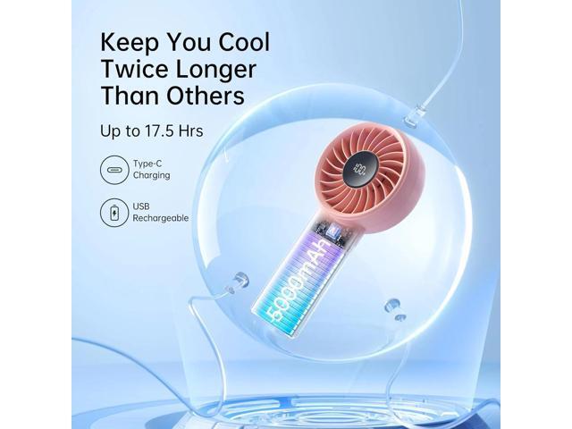 JISULIFE Handheld Fan - 5-Speed LED Display & 5000mAh Battery, USB-C Rechargeable with Lanyard, Compact Cooling for Travel/Beach/Makeup