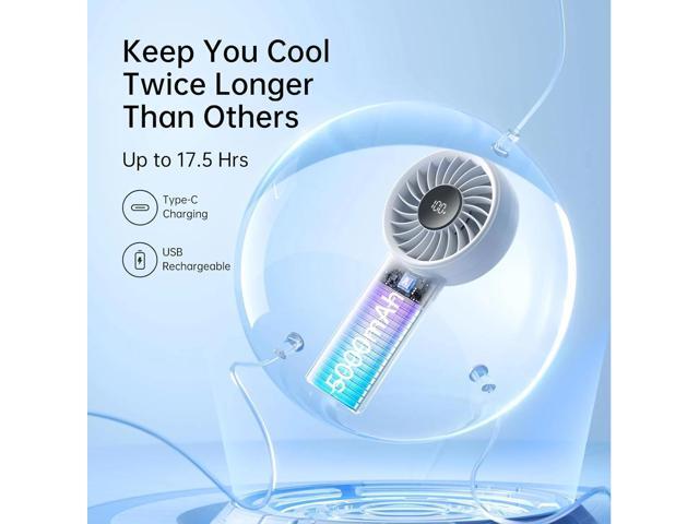JISULIFE Handheld Fan - 5-Speed LED Display & 5000mAh Battery, USB-C Rechargeable with Lanyard, Compact Cooling for Travel/Beach/Makeup