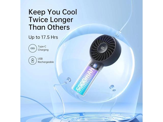JISULIFE Handheld Fan - 5-Speed LED Display & 5000mAh Battery, USB-C Rechargeable with Lanyard, Compact Cooling for Travel/Beach/Makeup
