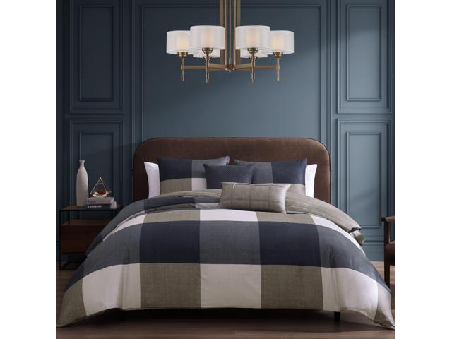 Bebejan Checkered Navy Tan 100% Cotton Sateen 5 Piece Reversible Queen Size Comforter Set