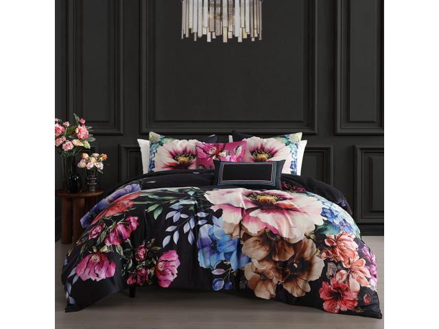 Bebejan Black Night Poppies 100% Cotton Sateen Queen 5 Piece Reversible Comforter Set