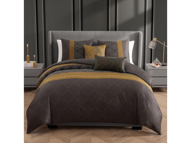 Bebejan Golden Hex 100% Cotton Sateen 5 Piece Queen Reversible Comforter Set