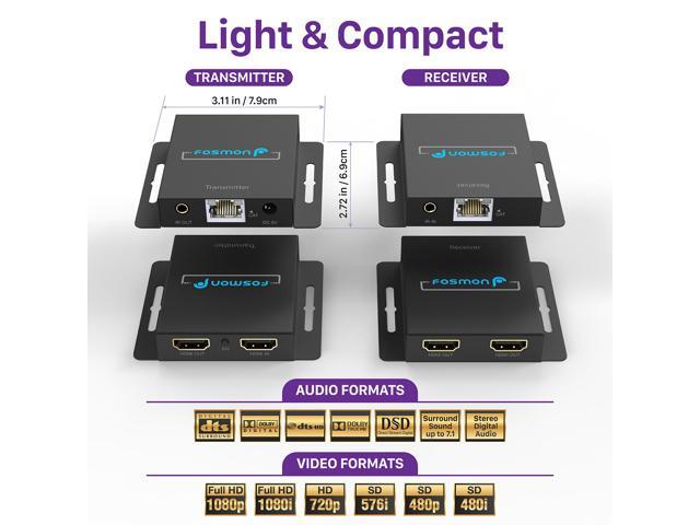 Fosmon HDMI Extender Splitter Over Cat5/6/7 Ethernet Cable Up to 230ft, 1080P HDMI Splitter with Auto EQ, POC, IR Remote Control