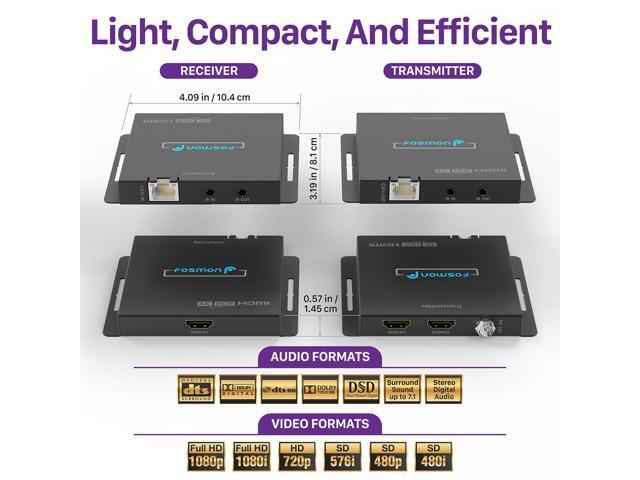 Fosmon 2-Port 4K HDMI Extender Splitter Over Cat6a/7 Ethernet Cable Up to 230ft, 1 in 2 Out HDMI Splitter with AC Adapter, POC, IR Remote Control