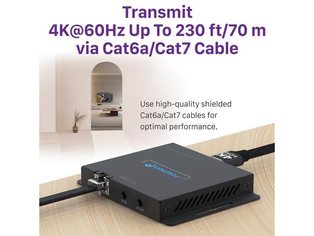 Fosmon 2-Port 4K HDMI Extender Splitter Over Cat6a/7 Ethernet Cable Up to 230ft, 1 in 2 Out HDMI Splitter with AC Adapter, POC, IR Remote Control