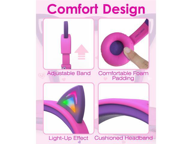 FosPower Wired Kids Headphones with Cord, LED Cat Ears, Foldable Light Up On Ear Headphones for Kids School iPad Tablet with 3.5mm - Hot Pink / Purple