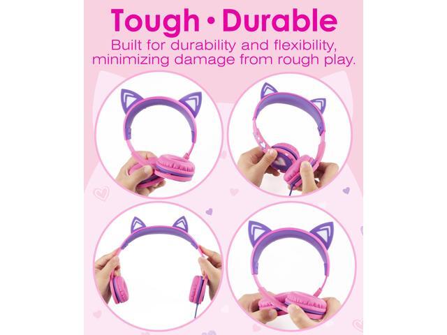 FosPower Wired Kids Headphones with Cord, LED Cat Ears, Foldable Light Up On Ear Headphones for Kids School iPad Tablet with 3.5mm - Hot Pink / Purple