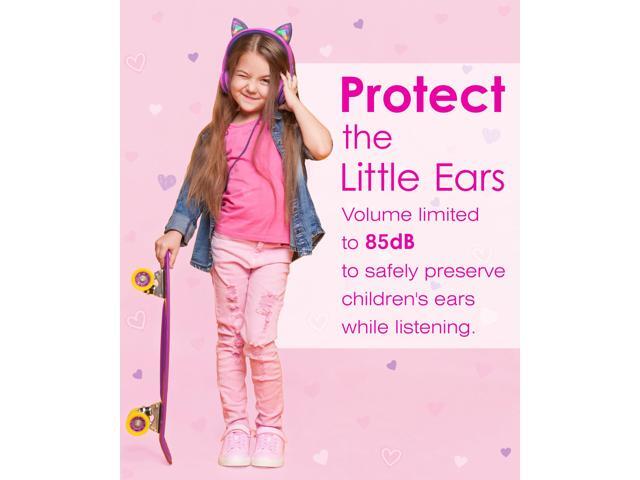 FosPower Wired Kids Headphones with Cord, LED Cat Ears, Foldable Light Up On Ear Headphones for Kids School iPad Tablet with 3.5mm - Hot Pink / Purple